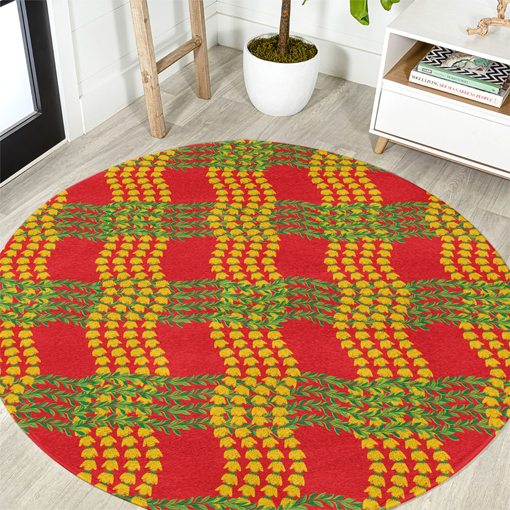 Aloha Hawaii Ilima Maile Lei Round Carpet Palaka Inspired Hawaiian-plaid Red LT14 Red - Polynesian Pride