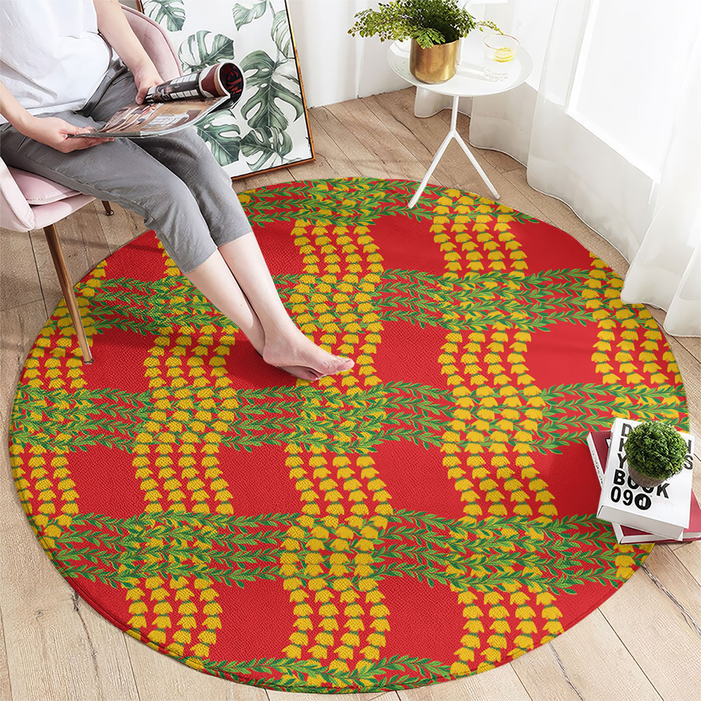 Aloha Hawaii Ilima Maile Lei Round Carpet Palaka Inspired Hawaiian-plaid Red