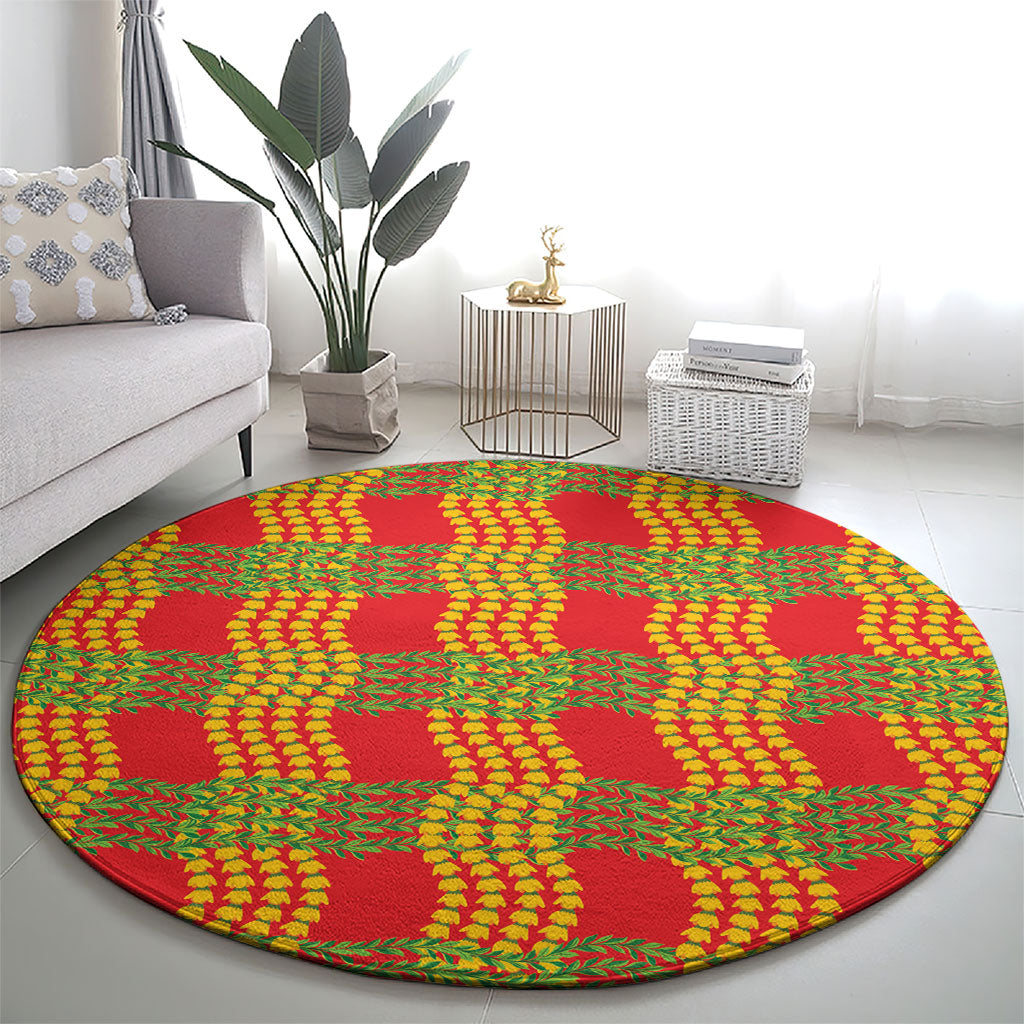 Aloha Hawaii Ilima Maile Lei Round Carpet Palaka Inspired Hawaiian-plaid Red