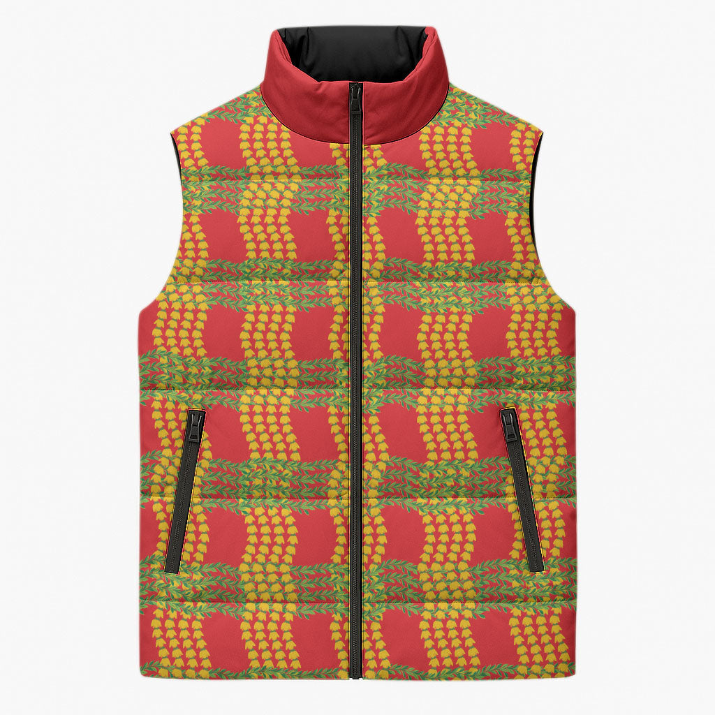 Aloha Hawaii Ilima Maile Lei Sleeveless Puffer Jacket Palaka Inspired Hawaiian-plaid Red LT14 Unisex Red - Polynesian Pride