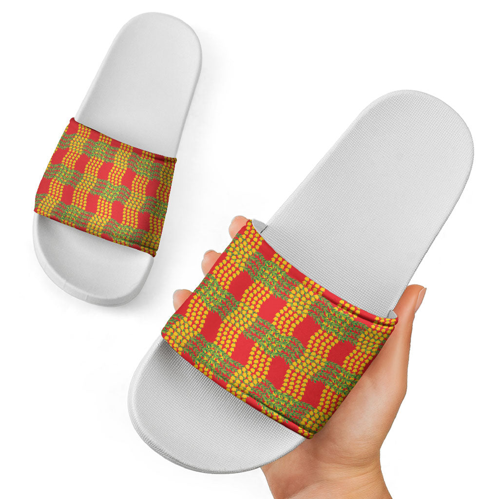 Aloha Hawaii Ilima Maile Lei Slide Sandals Palaka Inspired Hawaiian-plaid Red