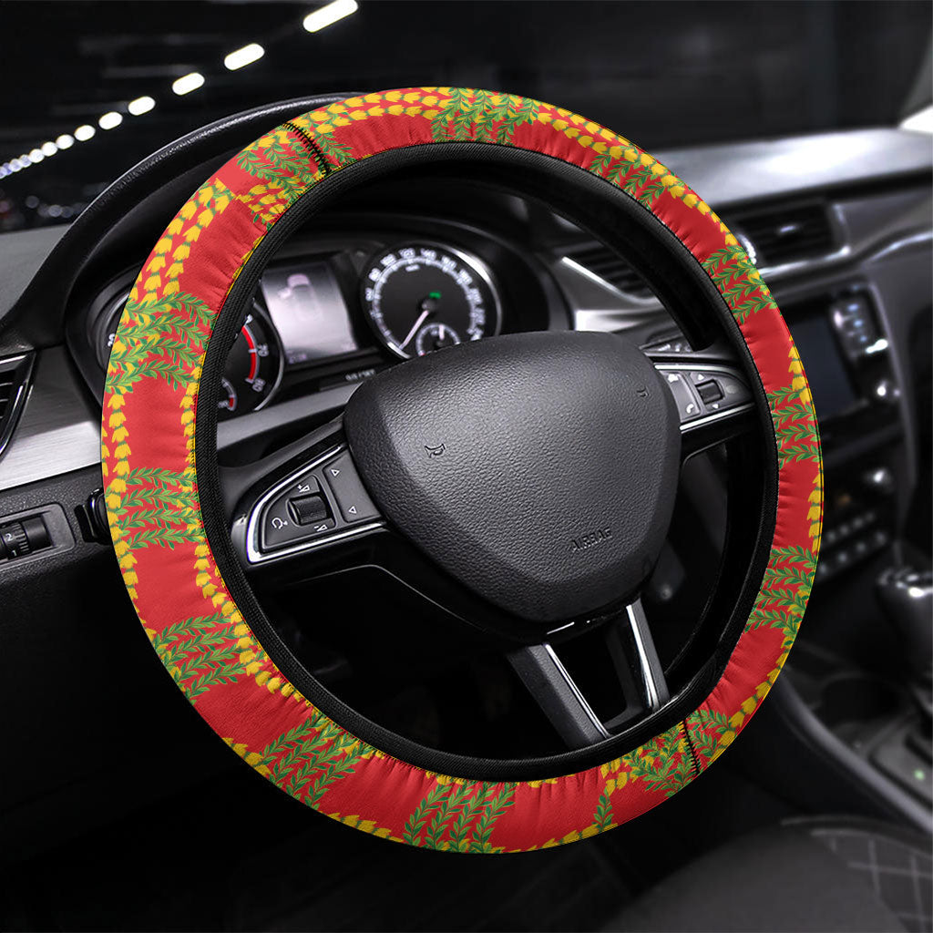Aloha Hawaii Ilima Maile Lei Steering Wheel Cover Palaka Inspired Hawaiian-plaid Red LT14 Universal Fit Red - Polynesian Pride
