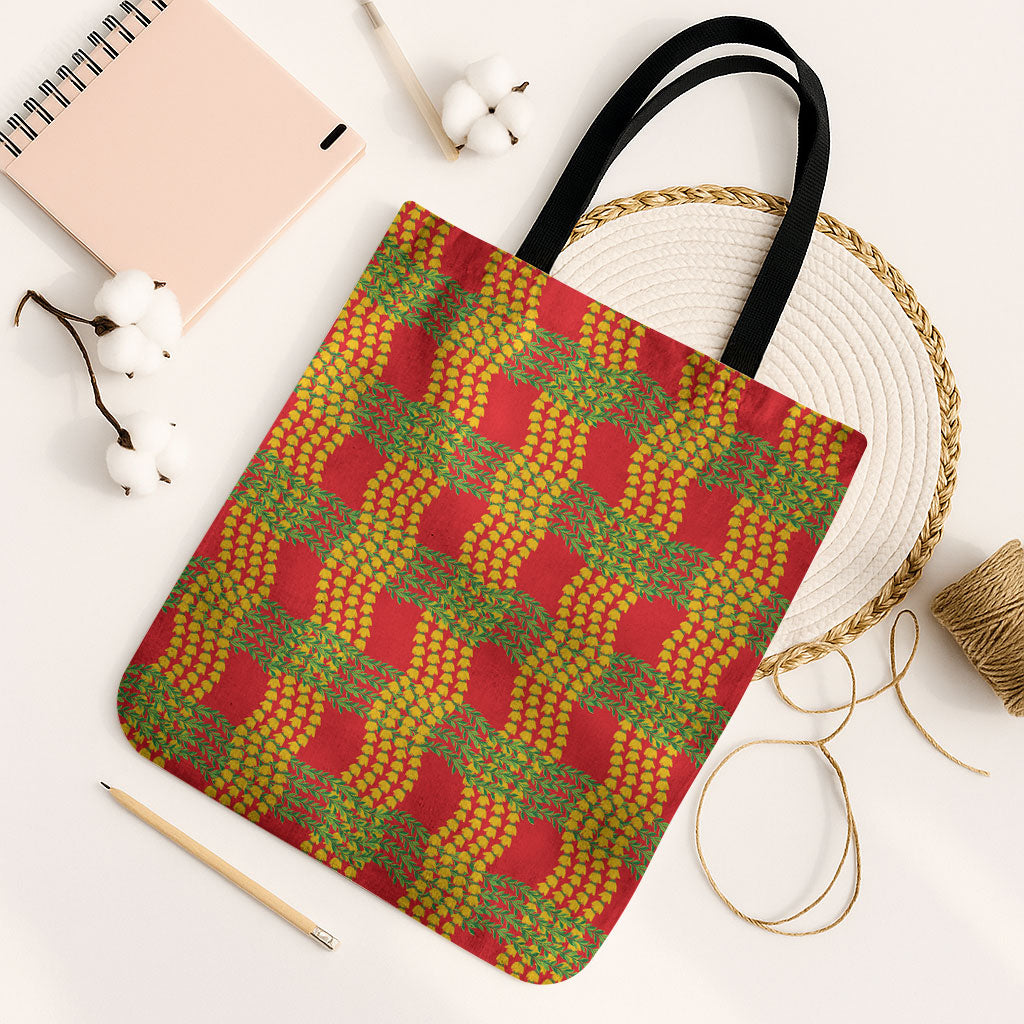Aloha Hawaii Ilima Maile Lei Tote Bag Palaka Inspired Hawaiian-plaid Red LT14 Black Strap One Size Red - Polynesian Pride