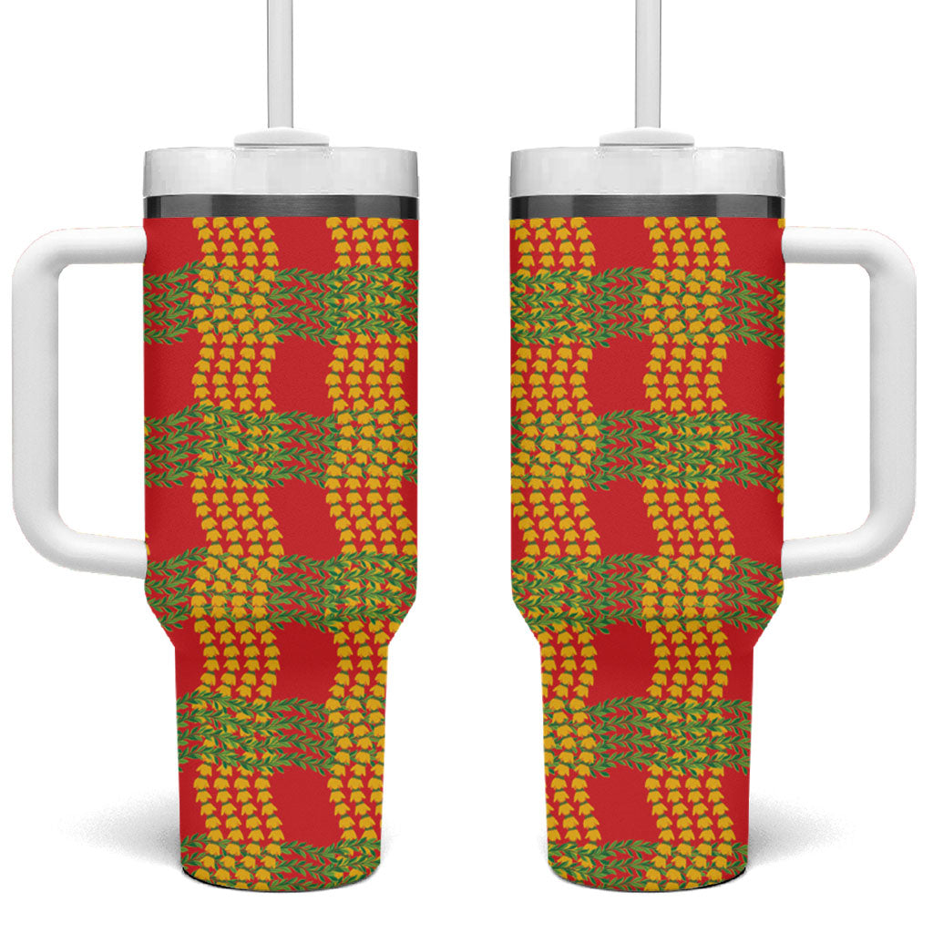 Aloha Hawaii Ilima Maile Lei Tumbler With Handle Palaka Inspired Hawaiian-plaid Red