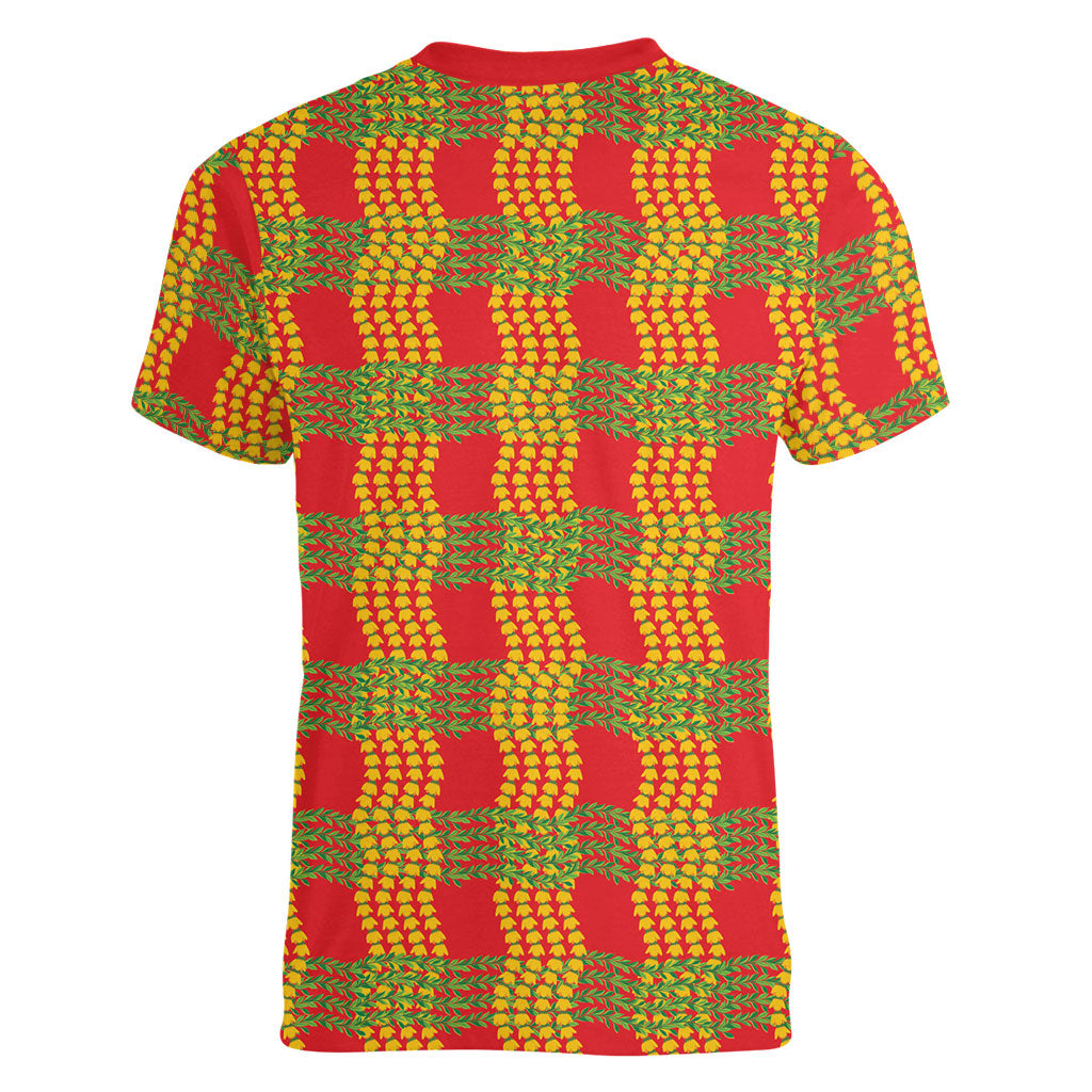Aloha Hawaii Ilima Maile Lei Women V-Neck T-Shirt Palaka Inspired Hawaiian-plaid Red