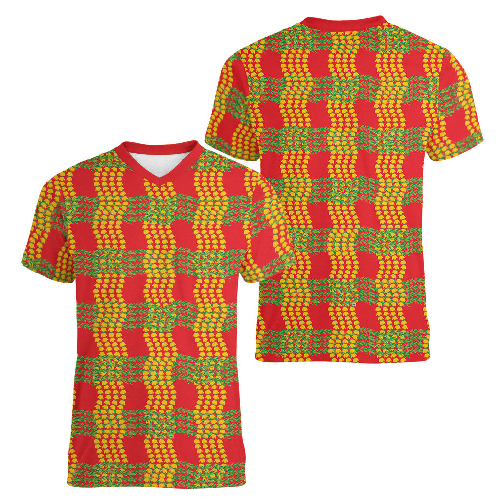 Aloha Hawaii Ilima Maile Lei Women V-Neck T-Shirt Palaka Inspired Hawaiian-plaid Red