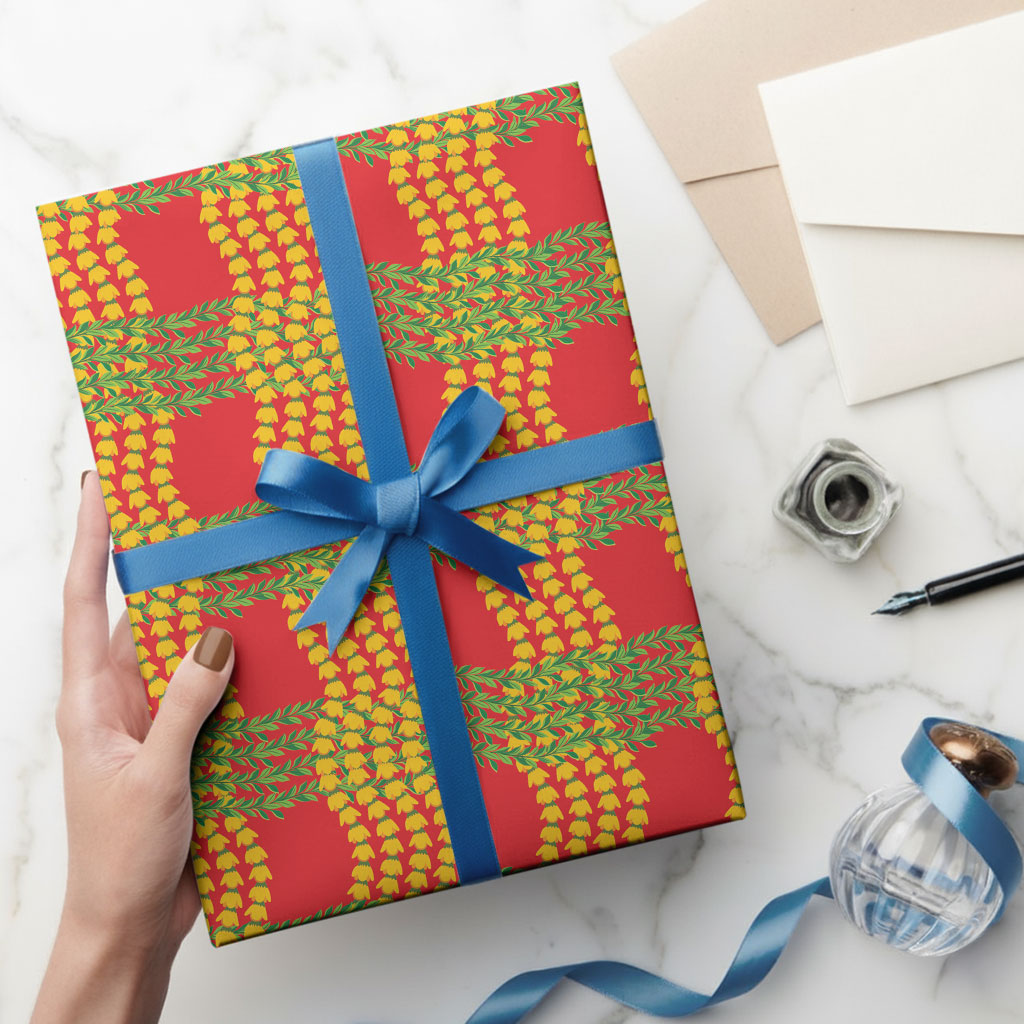 Aloha Hawaii Ilima Maile Lei Wrapping Paper Palaka Inspired Hawaiian-plaid Red