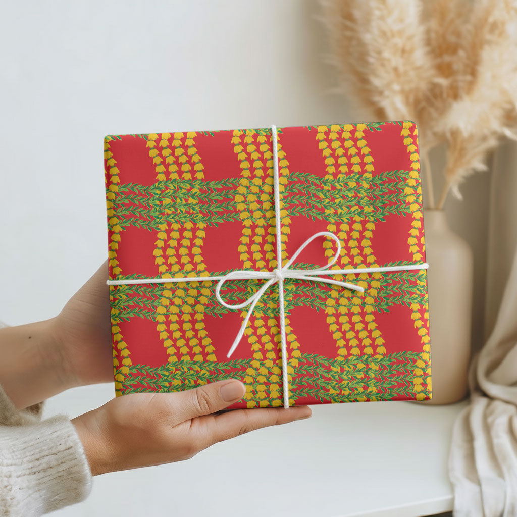 Aloha Hawaii Ilima Maile Lei Wrapping Paper Palaka Inspired Hawaiian-plaid Red