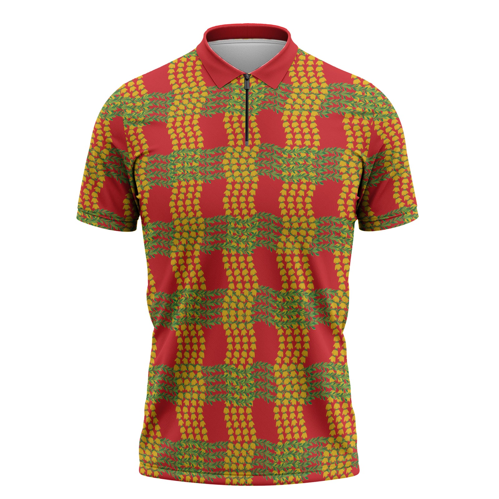 Aloha Hawaii Ilima Maile Lei Zipper Polo Shirt Palaka Inspired Hawaiian-plaid Red LT14 Red - Polynesian Pride