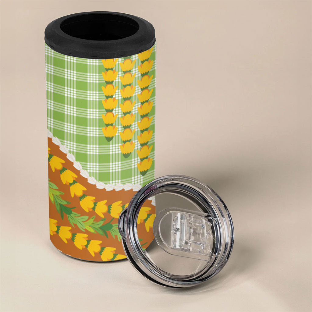 Hawaii Leis Palaka Motifs 4 in 1 Can Cooler Tumbler Pikake Pakalana Maile Ilima Kakau Style