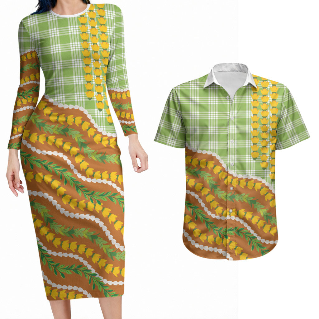 Hawaii Leis Palaka Motifs Couples Matching Long Sleeve Bodycon Dress and Hawaiian Shirt Pikake Pakalana Maile Ilima Kakau Style