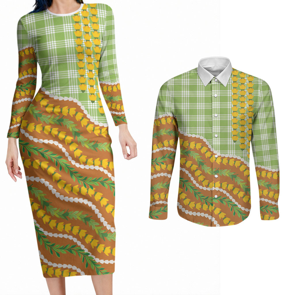 Hawaii Leis Palaka Motifs Couples Matching Long Sleeve Bodycon Dress and Long Sleeve Button Shirt Pikake Pakalana Maile Ilima Kakau Style