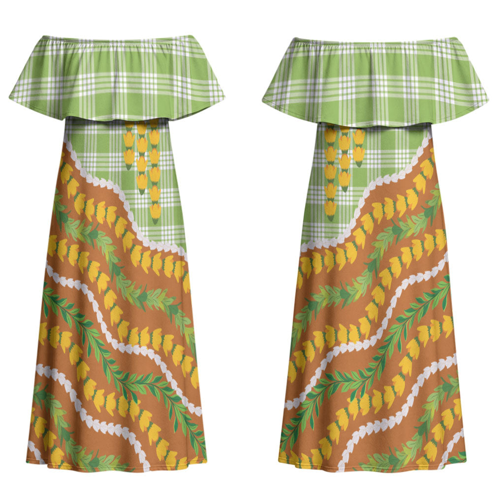 Hawaii Leis Palaka Motifs Couples Matching Off Shoulder Maxi Dress and Long Sleeve Button Shirt Pikake Pakalana Maile Ilima Kakau Style