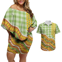 Hawaii Leis Palaka Motifs Couples Matching Off Shoulder Short Dress and Hawaiian Shirt Pikake Pakalana Maile Ilima Kakau Style