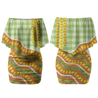 Hawaii Leis Palaka Motifs Couples Matching Off Shoulder Short Dress and Hawaiian Shirt Pikake Pakalana Maile Ilima Kakau Style