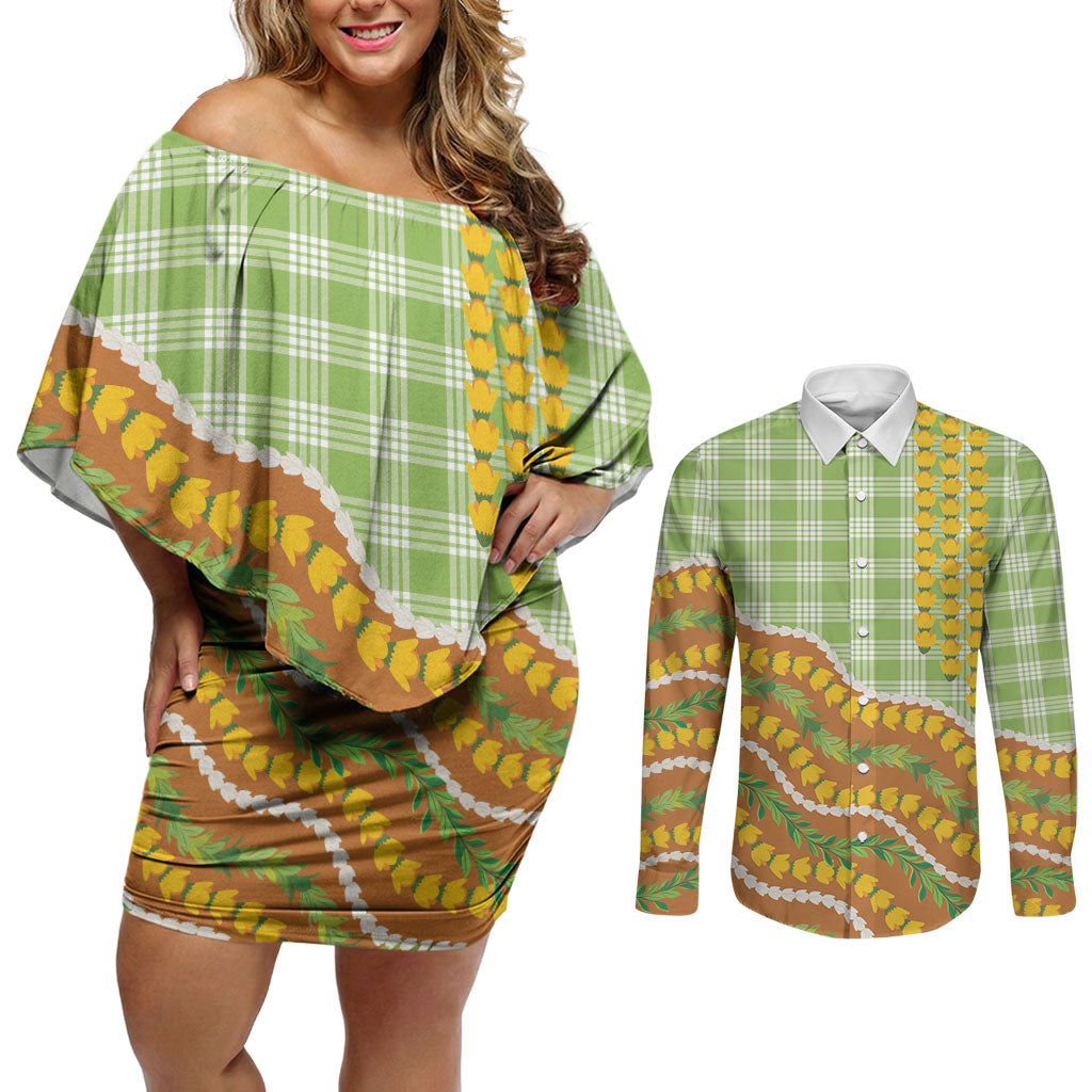 Hawaii Leis Palaka Motifs Couples Matching Off Shoulder Short Dress and Long Sleeve Button Shirt Pikake Pakalana Maile Ilima Kakau Style LT14 Multicolor - Polynesian Pride