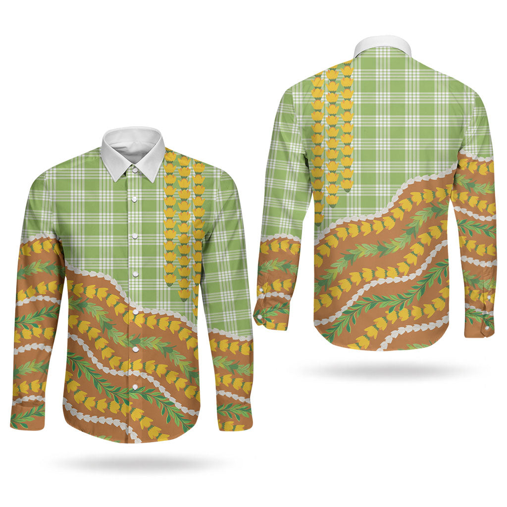 Hawaii Leis Palaka Motifs Couples Matching Off Shoulder Short Dress and Long Sleeve Button Shirt Pikake Pakalana Maile Ilima Kakau Style