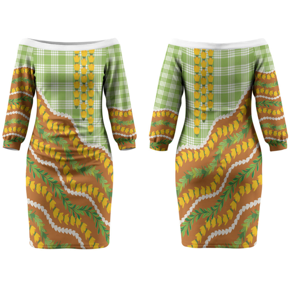 Hawaii Leis Palaka Motifs Couples Matching Off The Shoulder Long Sleeve Dress and Hawaiian Shirt Pikake Pakalana Maile Ilima Kakau Style
