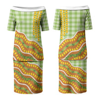 Hawaii Leis Palaka Motifs Couples Matching Puletasi and Long Sleeve Button Shirt Pikake Pakalana Maile Ilima Kakau Style