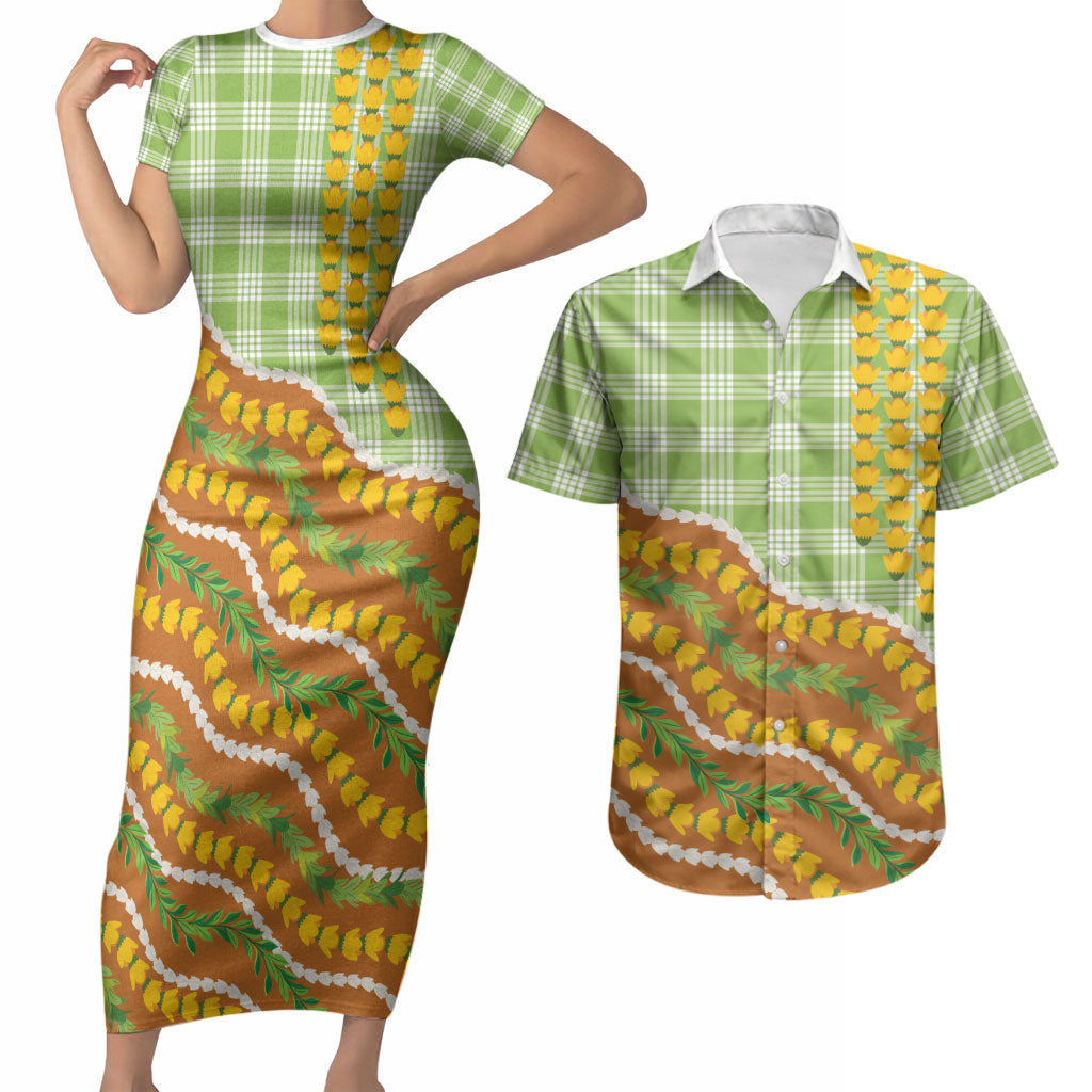 Hawaii Leis Palaka Motifs Couples Matching Short Sleeve Bodycon Dress and Hawaiian Shirt Pikake Pakalana Maile Ilima Kakau Style