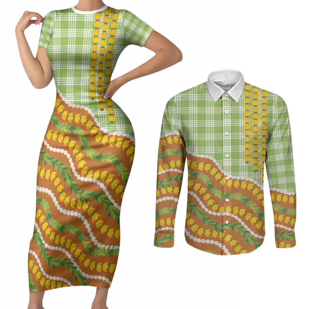 Hawaii Leis Palaka Motifs Couples Matching Short Sleeve Bodycon Dress and Long Sleeve Button Shirt Pikake Pakalana Maile Ilima Kakau Style
