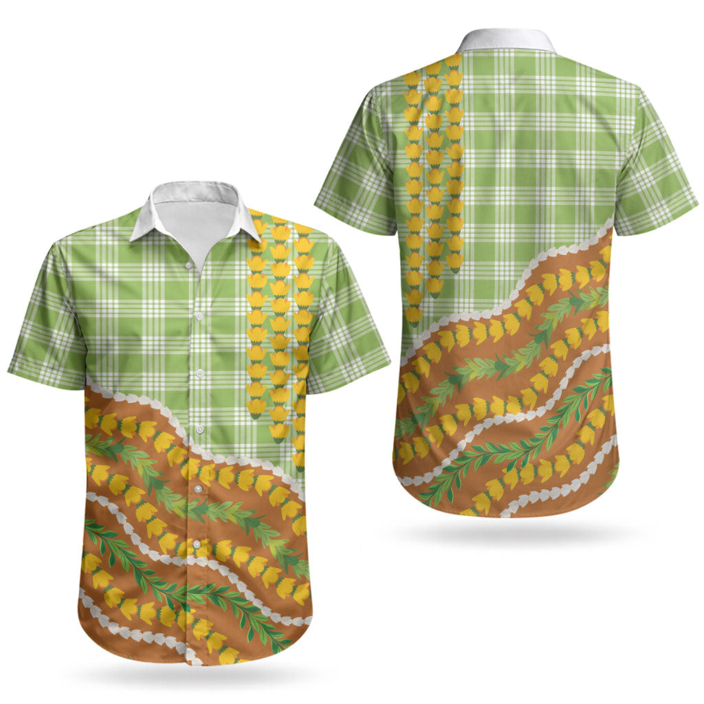 Hawaii Leis Palaka Motifs Couples Matching Summer Maxi Dress and Hawaiian Shirt Pikake Pakalana Maile Ilima Kakau Style