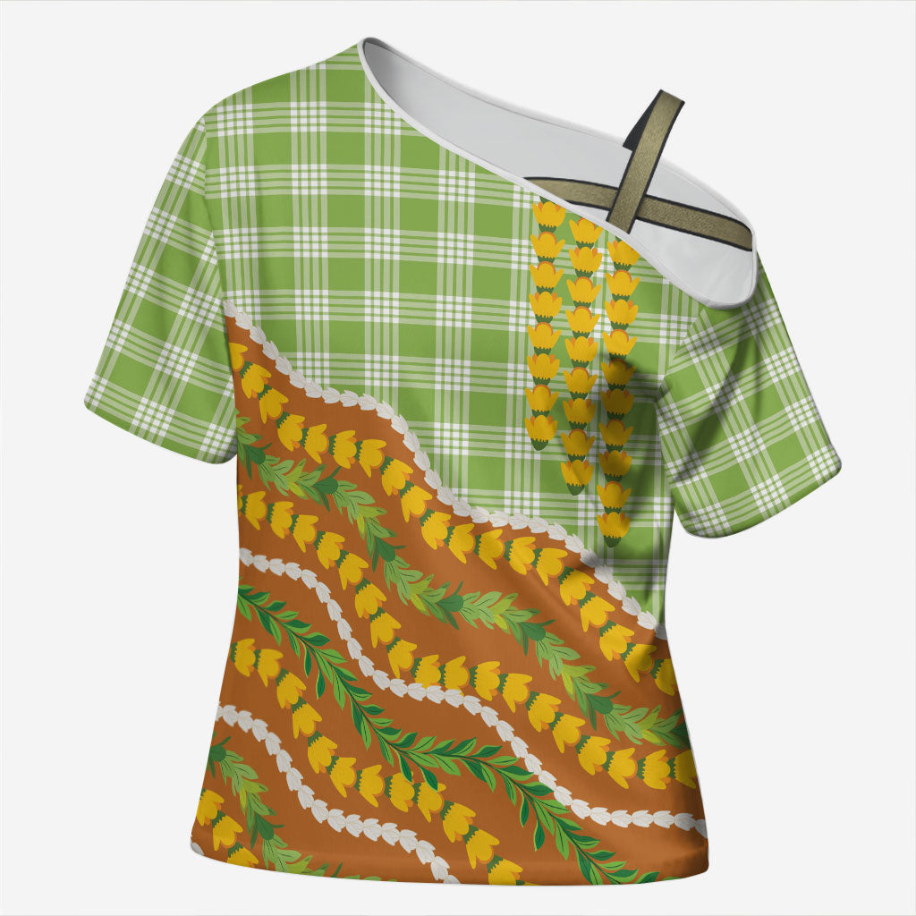 Hawaii Leis Palaka Motifs Cross Shoulder Shirt Pikake Pakalana Maile Ilima Kakau Style