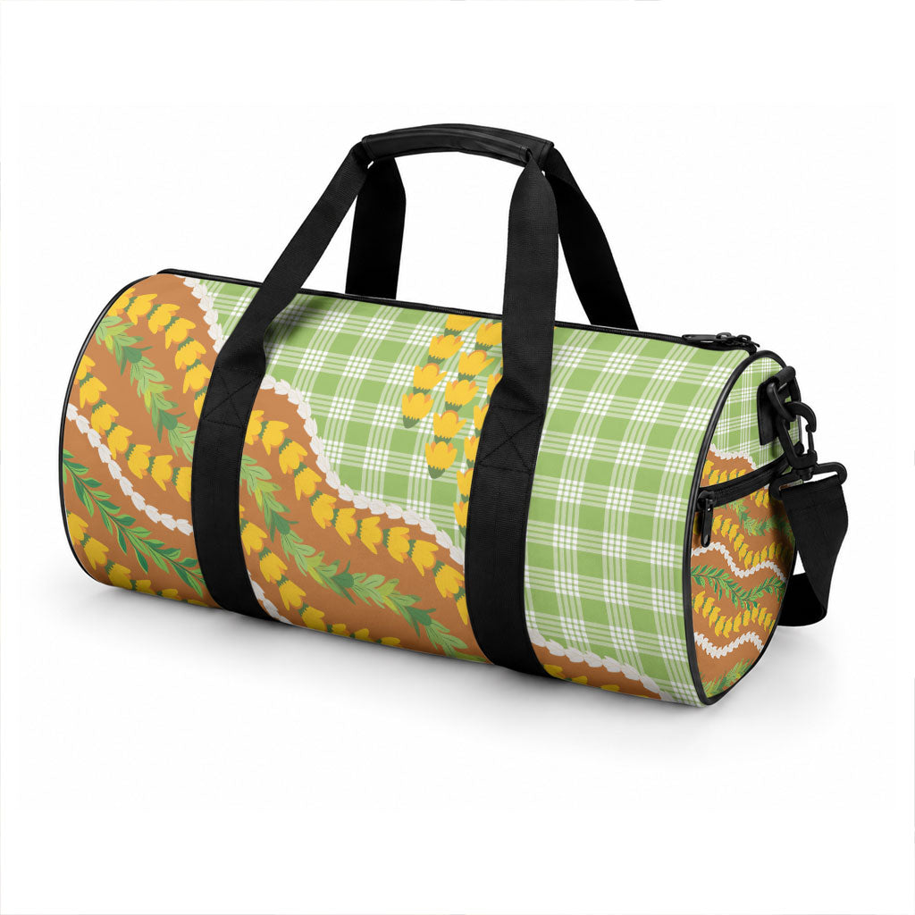 Hawaii Leis Palaka Motifs Duffle Bag Pikake Pakalana Maile Ilima Kakau Style