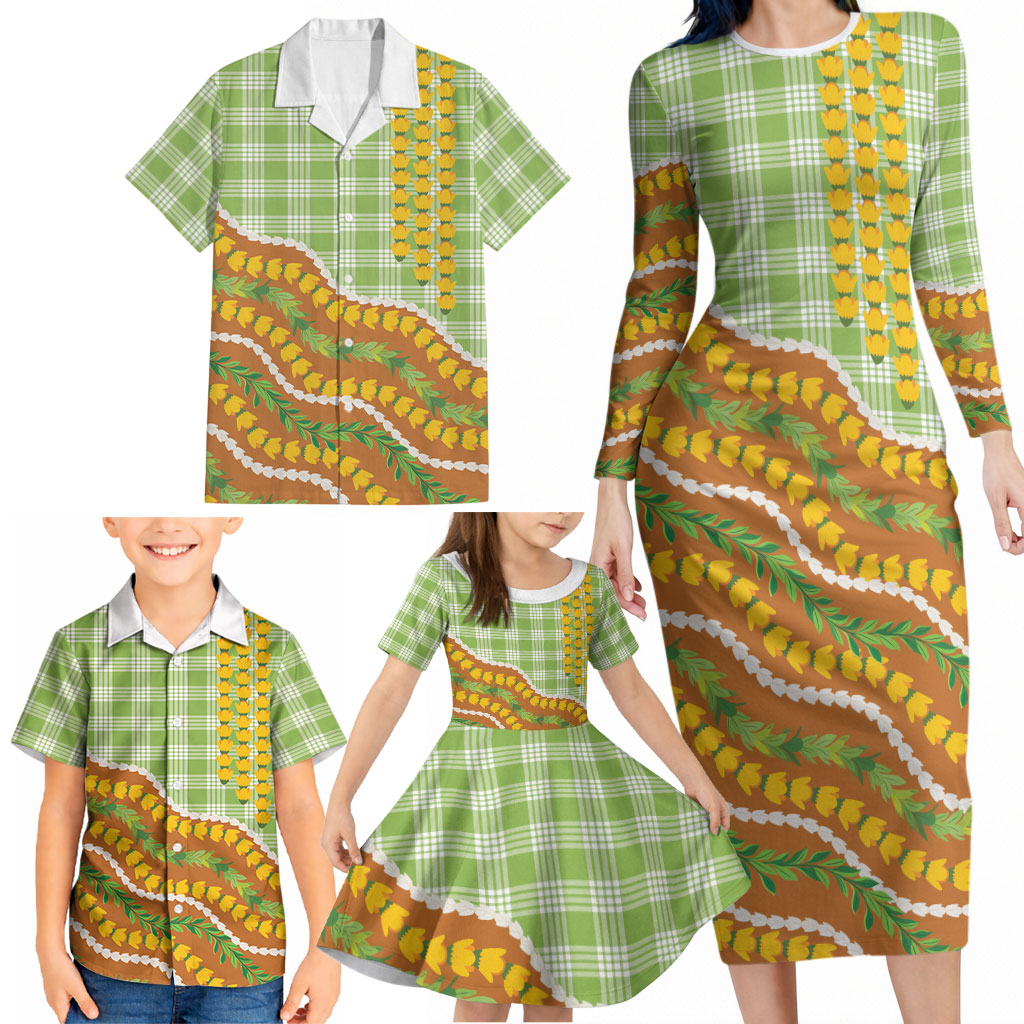 Hawaii Leis Palaka Motifs Family Matching Long Sleeve Bodycon Dress and Hawaiian Shirt Pikake Pakalana Maile Ilima Kakau Style