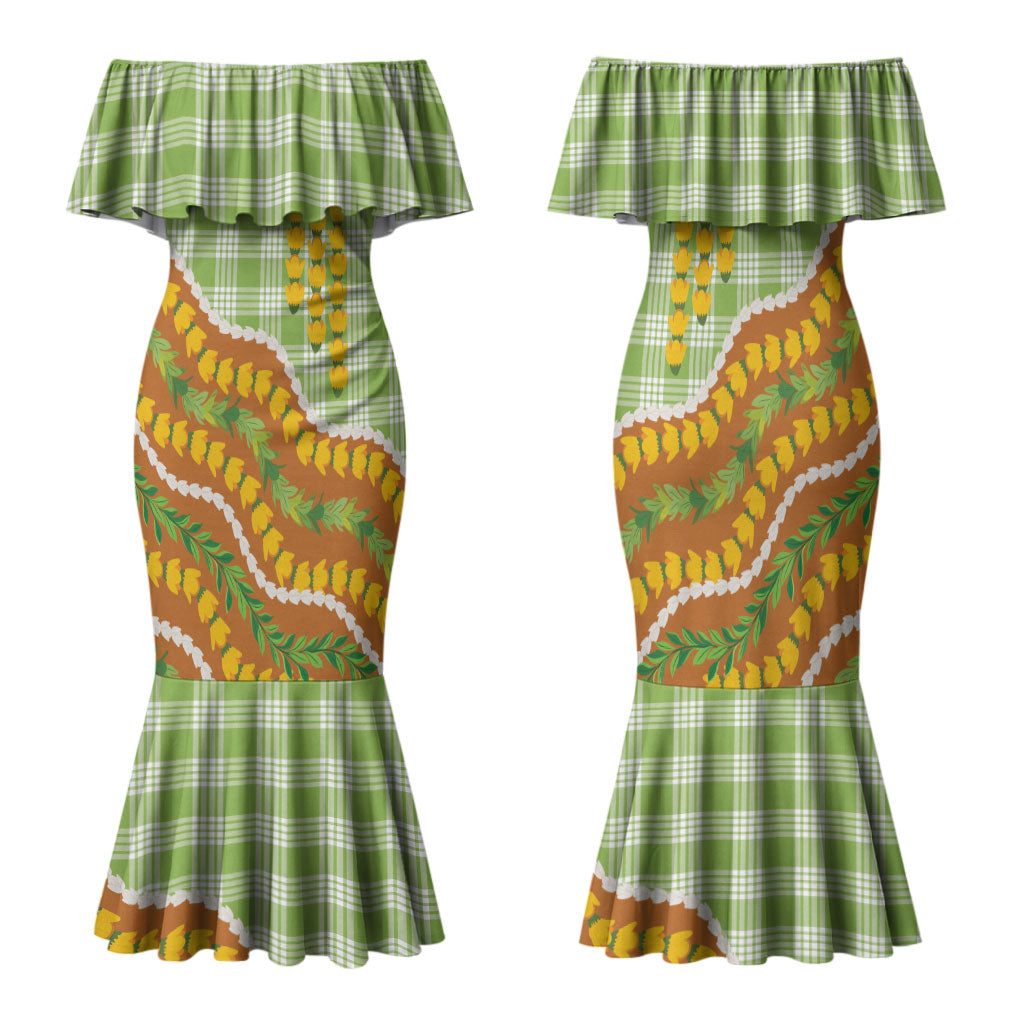 Hawaii Leis Palaka Motifs Family Matching Mermaid Dress and Hawaiian Shirt Pikake Pakalana Maile Ilima Kakau Style