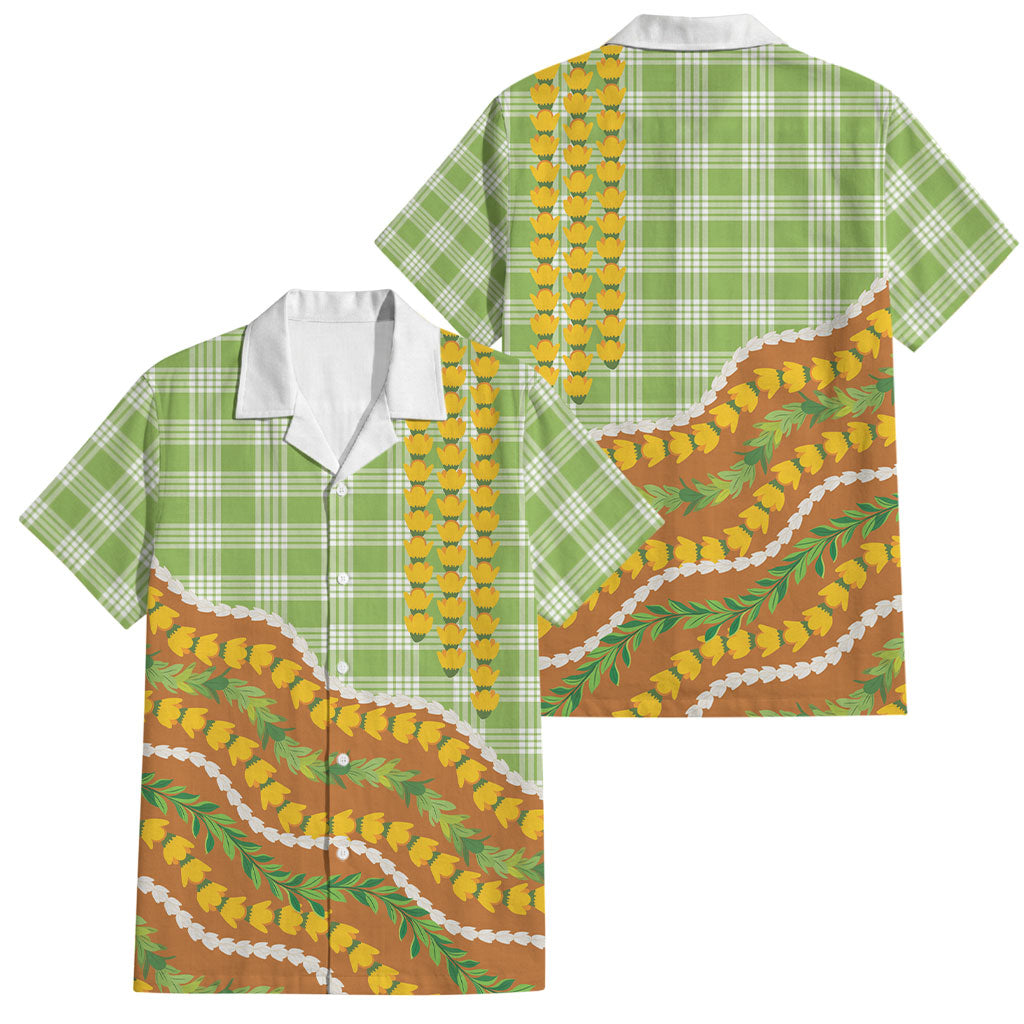 Hawaii Leis Palaka Motifs Family Matching Off The Shoulder Long Sleeve Dress and Hawaiian Shirt Pikake Pakalana Maile Ilima Kakau Style