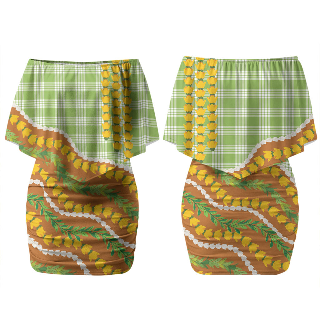 Hawaii Leis Palaka Motifs Family Matching Off Shoulder Short Dress and Hawaiian Shirt Pikake Pakalana Maile Ilima Kakau Style