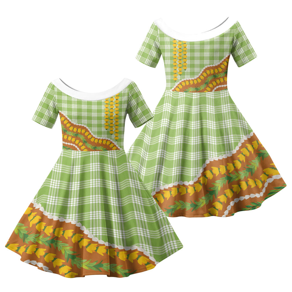 Hawaii Leis Palaka Motifs Family Matching Off Shoulder Short Dress and Hawaiian Shirt Pikake Pakalana Maile Ilima Kakau Style
