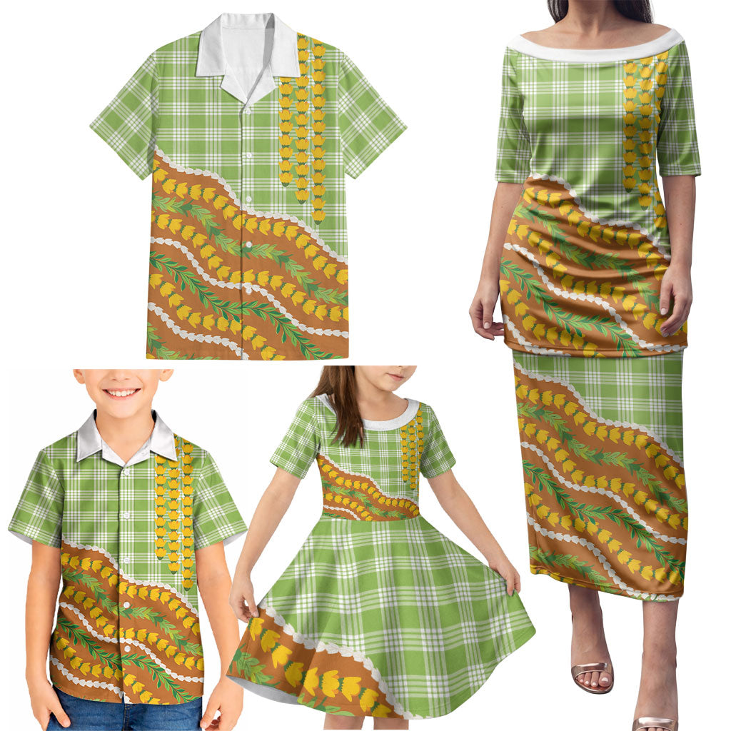 Hawaii Leis Palaka Motifs Family Matching Puletasi and Hawaiian Shirt Pikake Pakalana Maile Ilima Kakau Style