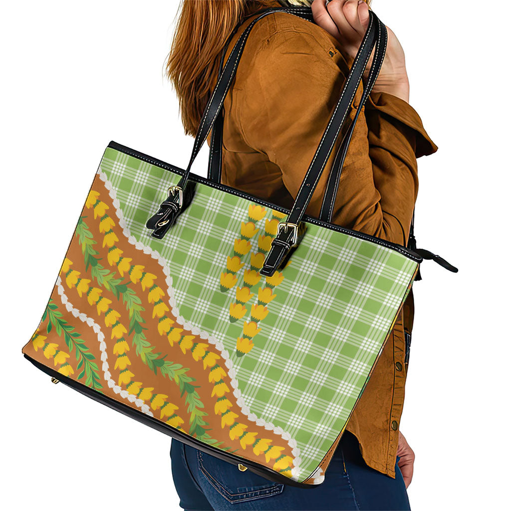 Hawaii Leis Palaka Motifs Leather Tote Bag Pikake Pakalana Maile Ilima Kakau Style