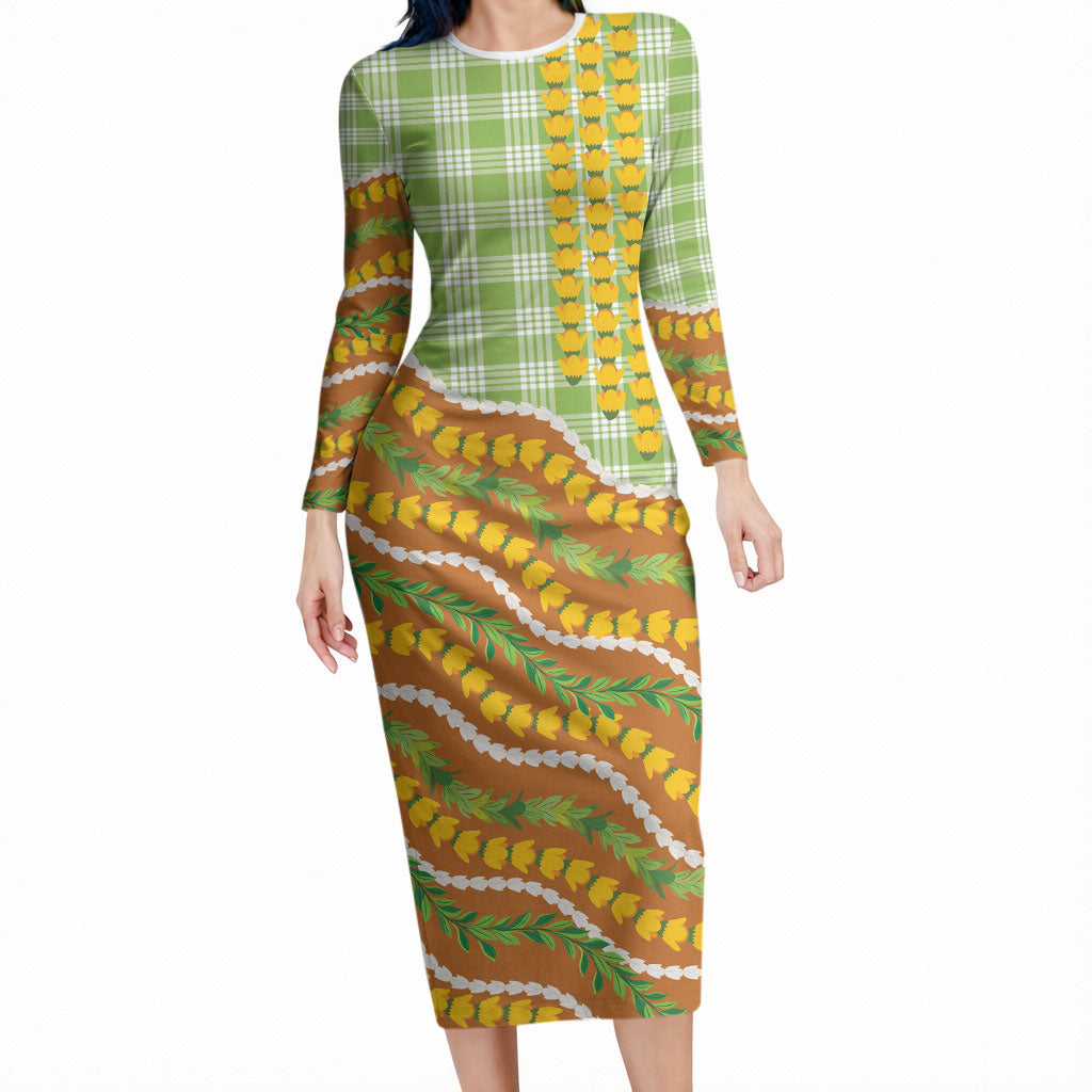 Hawaii Leis Palaka Motifs Long Sleeve Bodycon Dress Pikake Pakalana Maile Ilima Kakau Style
