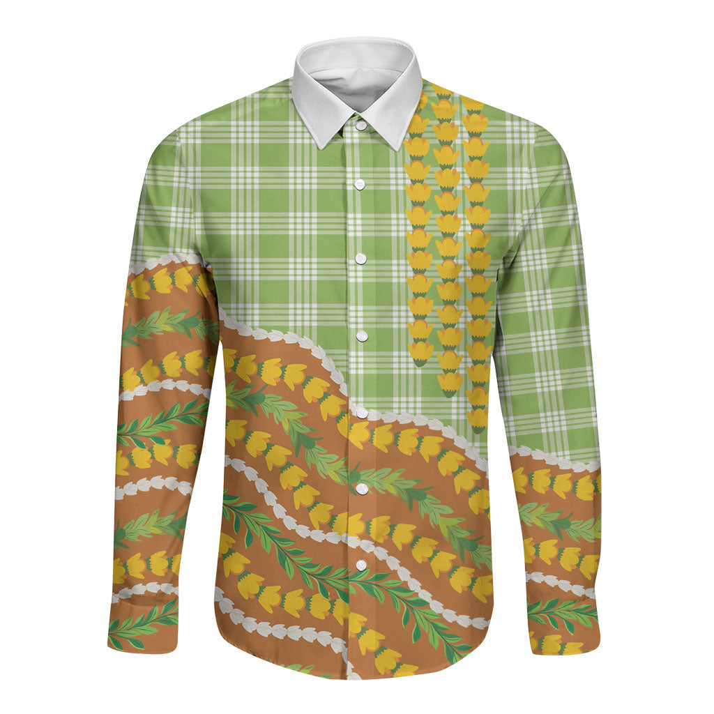 Hawaii Leis Palaka Motifs Long Sleeve Button Shirt Pikake Pakalana Maile Ilima Kakau Style
