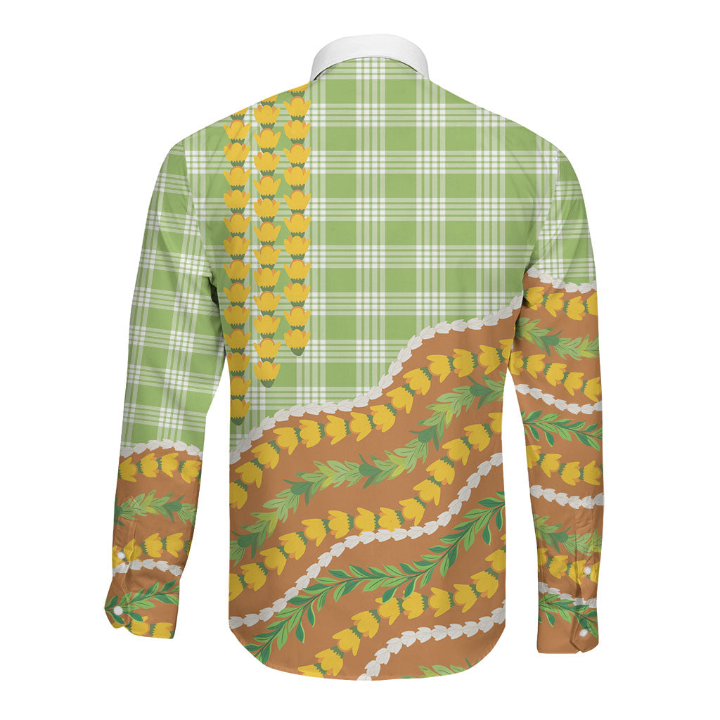 Hawaii Leis Palaka Motifs Long Sleeve Button Shirt Pikake Pakalana Maile Ilima Kakau Style