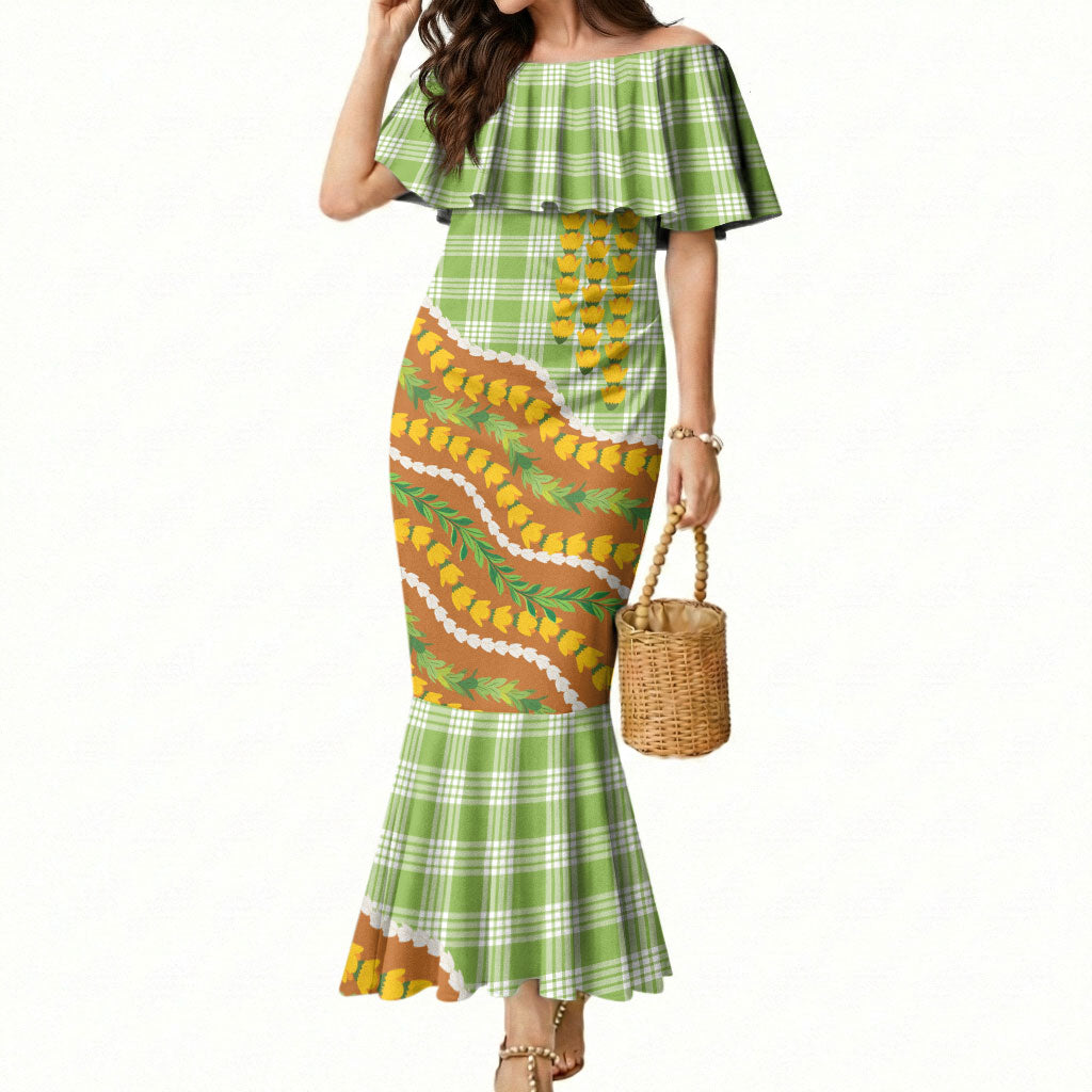 Hawaii Leis Palaka Motifs Mermaid Dress Pikake Pakalana Maile Ilima Kakau Style