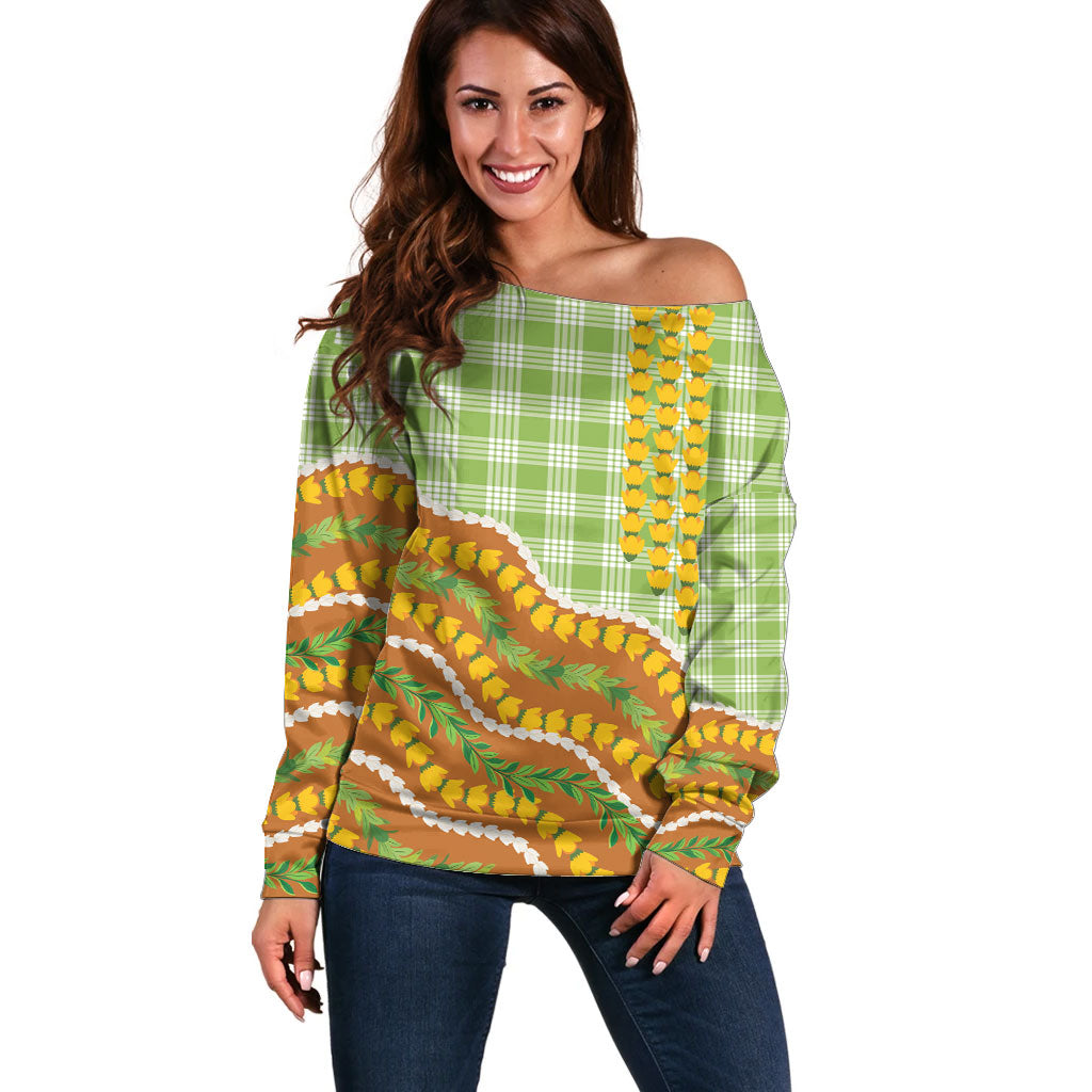 Hawaii Leis Palaka Motifs Off Shoulder Sweater Pikake Pakalana Maile Ilima Kakau Style