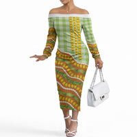 Hawaii Leis Palaka Motifs Off The Shoulder Long Sleeve Dress Pikake Pakalana Maile Ilima Kakau Style
