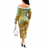 Hawaii Leis Palaka Motifs Off The Shoulder Long Sleeve Dress Pikake Pakalana Maile Ilima Kakau Style