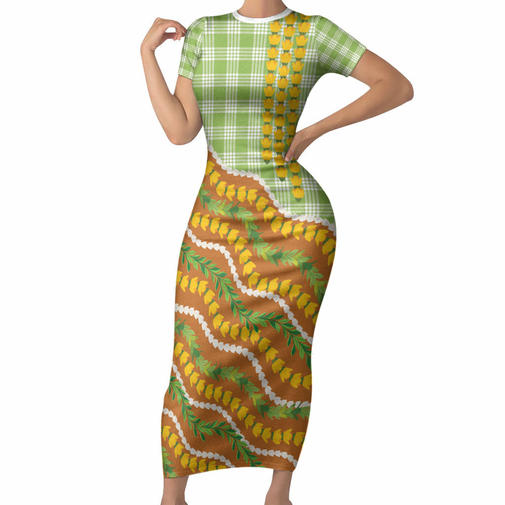 Hawaii Leis Palaka Motifs Short Sleeve Bodycon Dress Pikake Pakalana Maile Ilima Kakau Style