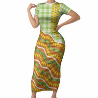 Hawaii Leis Palaka Motifs Short Sleeve Bodycon Dress Pikake Pakalana Maile Ilima Kakau Style