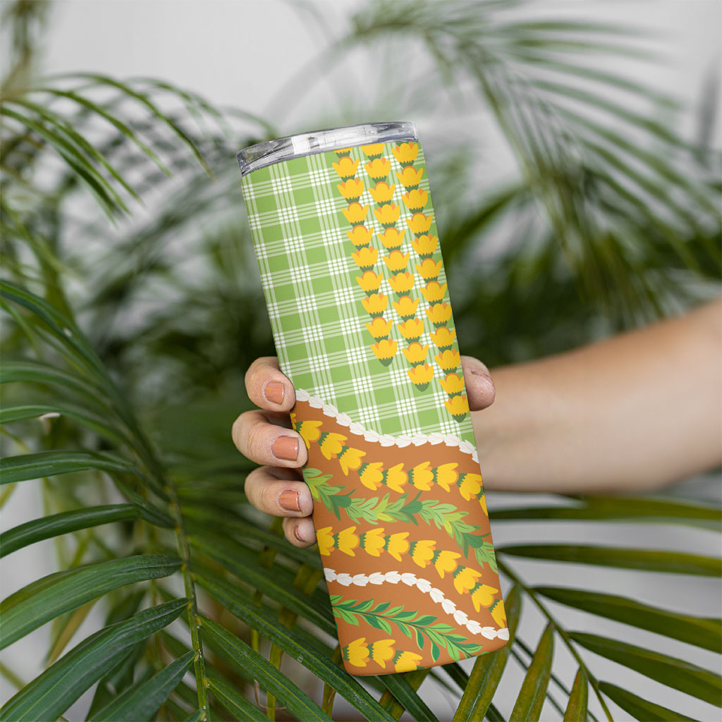 Hawaii Leis Palaka Motifs Skinny Tumbler Pikake Pakalana Maile Ilima Kakau Style