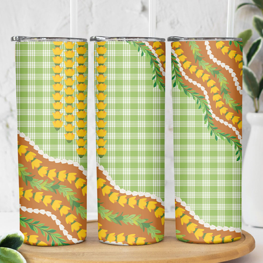 Hawaii Leis Palaka Motifs Skinny Tumbler Pikake Pakalana Maile Ilima Kakau Style