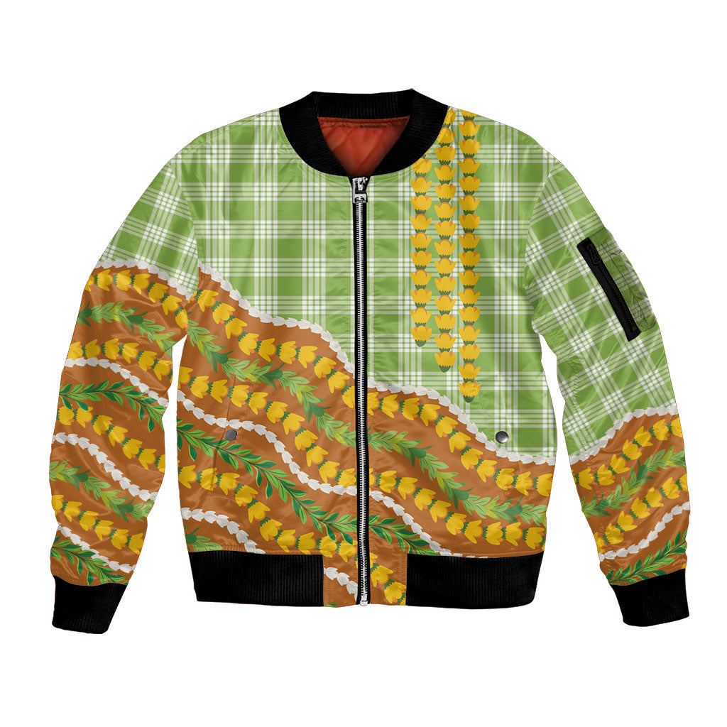 Hawaii Leis Palaka Motifs Sleeve Zip Bomber Jacket Pikake Pakalana Maile Ilima Kakau Style