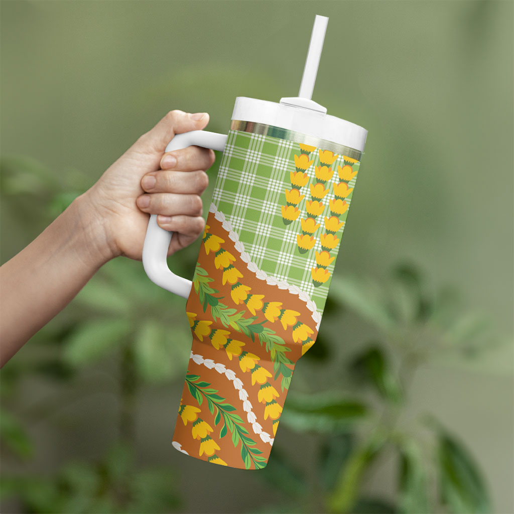 Hawaii Leis Palaka Motifs Tumbler With Handle Pikake Pakalana Maile Ilima Kakau Style