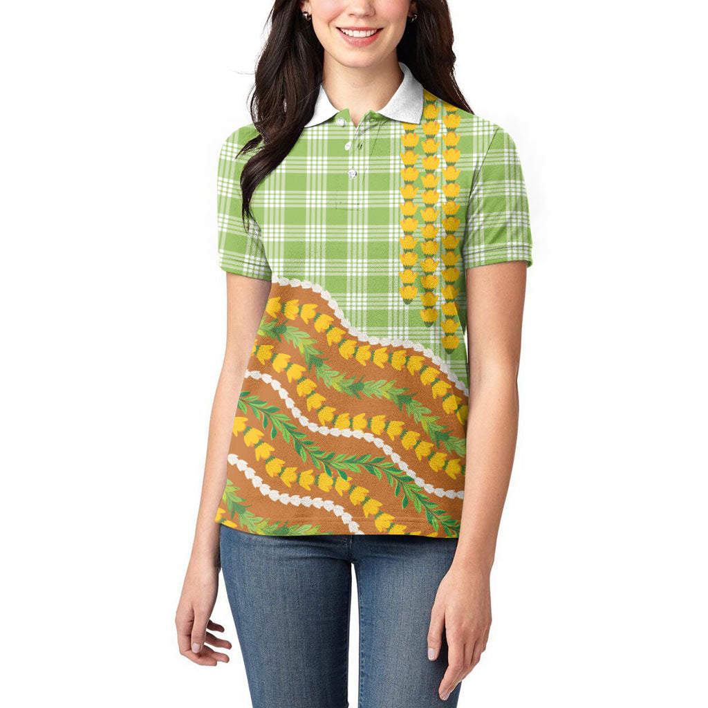 Hawaii Leis Palaka Motifs Women Polo Shirt Pikake Pakalana Maile Ilima Kakau Style