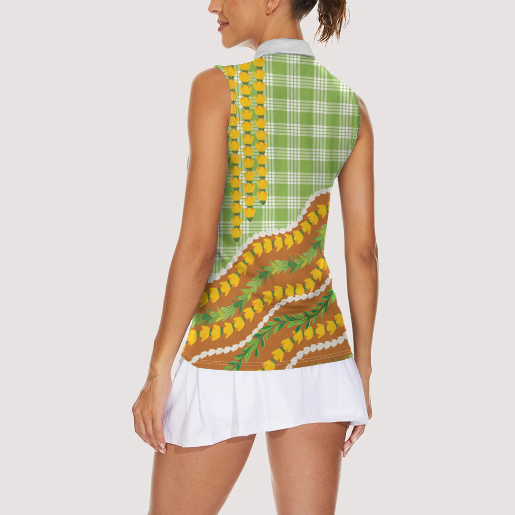 Hawaii Leis Palaka Motifs Women Sleeveless Polo Shirt Pikake Pakalana Maile Ilima Kakau Style
